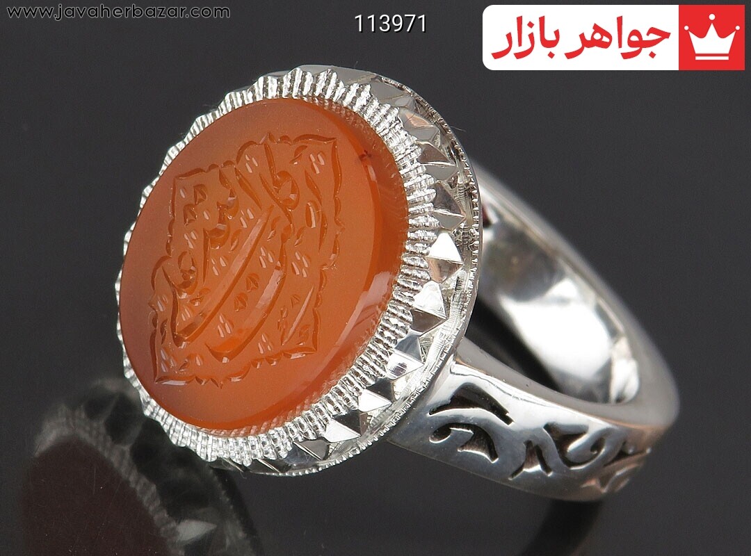 انگشتر نقره عقیق یمنی نارنجی خاک تربت کربلا مردانه دست ساز به همراه حرز امام جواد [توکلت علی الله]
